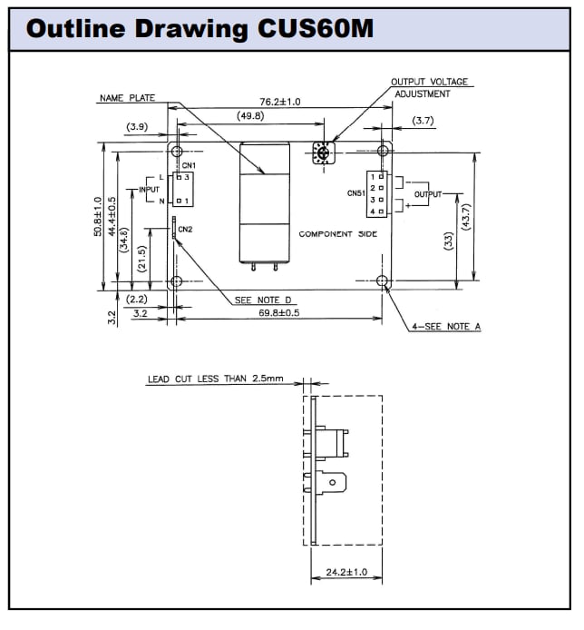 Mechanical Drawing - TDK-Lambda CUS30/60M Medical Power Supplies