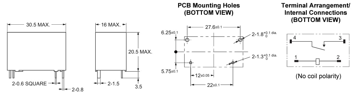 Mechanical Drawing - Omron Electronics G6QE Miniature Power Relays