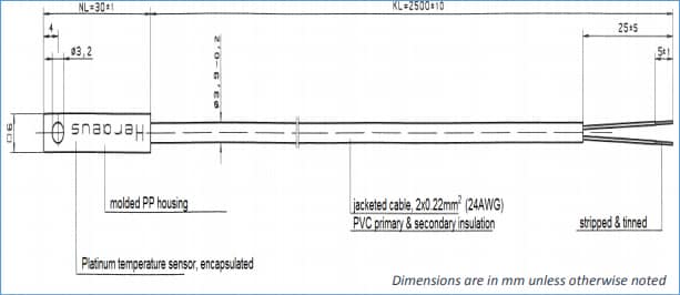 Mechanical Drawing - YAGEO Nexensos Surface Platinum RTD Temperature Sensors