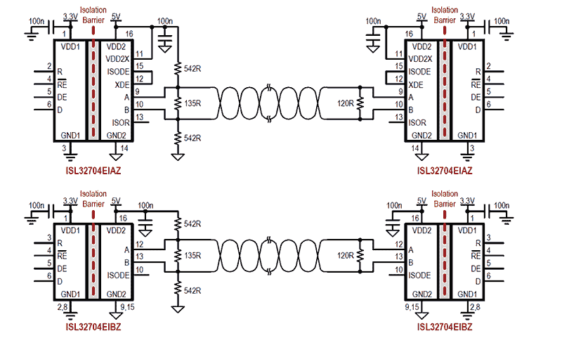 Application Circuit Diagram - Renesas Electronics ISL32704E Isolated RS-485 Transceivers