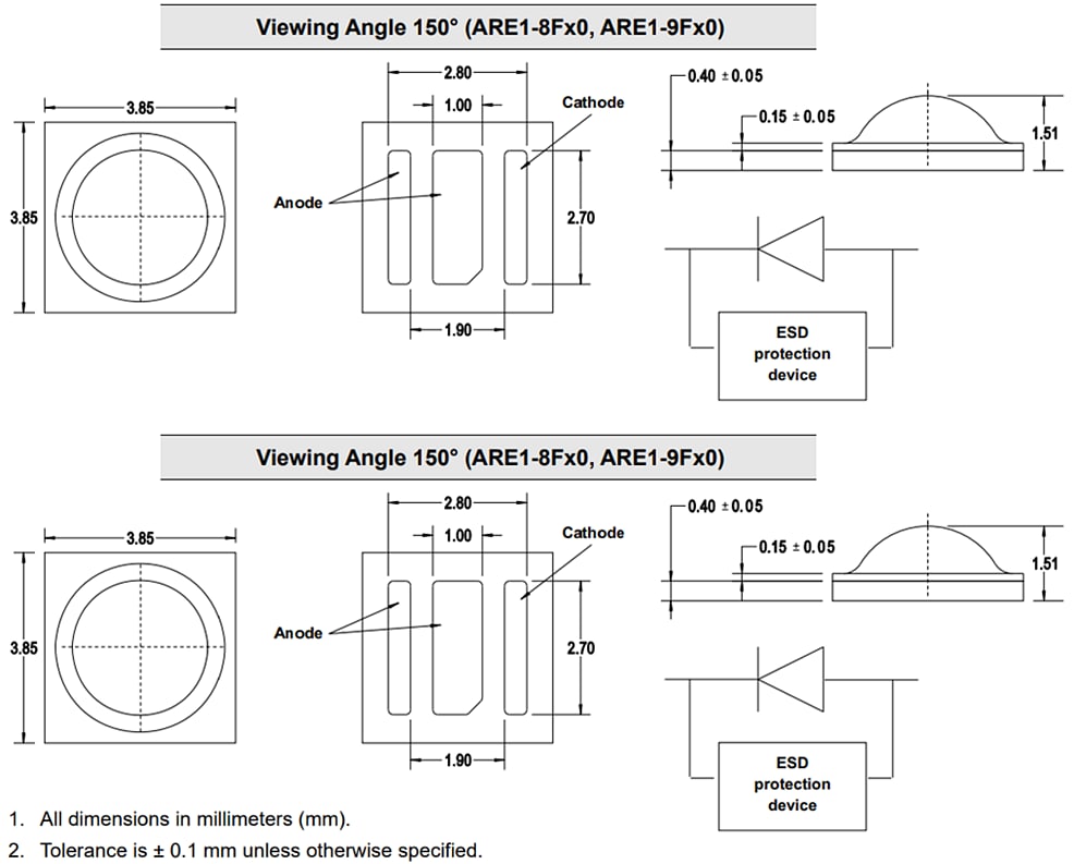 Mechanical Drawing - Broadcom ARE1 High Power Infrared Emitting Diodes