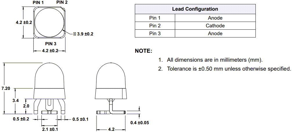 Mechanical Drawing - Broadcom AEMD-Cx1L LEDs