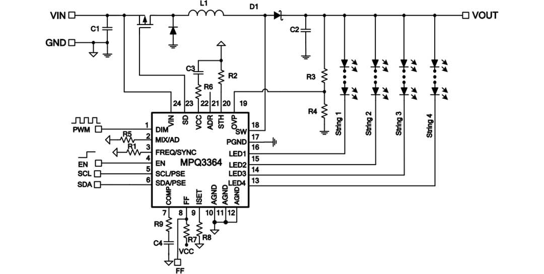 Application Circuit Diagram - Monolithic Power Systems (MPS) MPQ3364-AEC1 Four-Channel WLED Driver