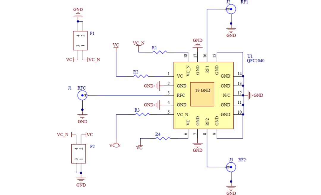Application Circuit Diagram - Qorvo QPC2040 X-Band GaN 10W SPDT Switch