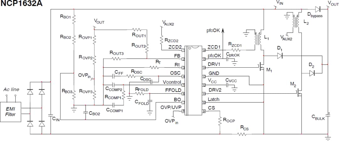 Application Circuit Diagram - onsemi NCP1632A CrM Power Factor Controller, Interleaved