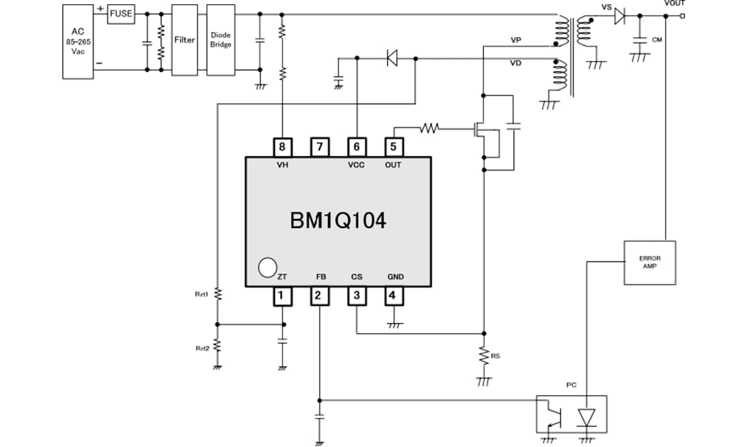 Application Circuit Diagram - ROHM Semiconductor BM1Q104FJ Quasi-Resonant Control DC-DC Converter