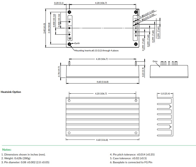 Mechanical Drawing - XP Power ASB160 Baseplate-Cooled AC-DC Power Supplies