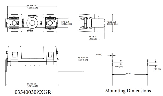 Mechanical Drawing - Littelfuse 354 PCB OMNI-BLOK® Molded Base Fuse Block