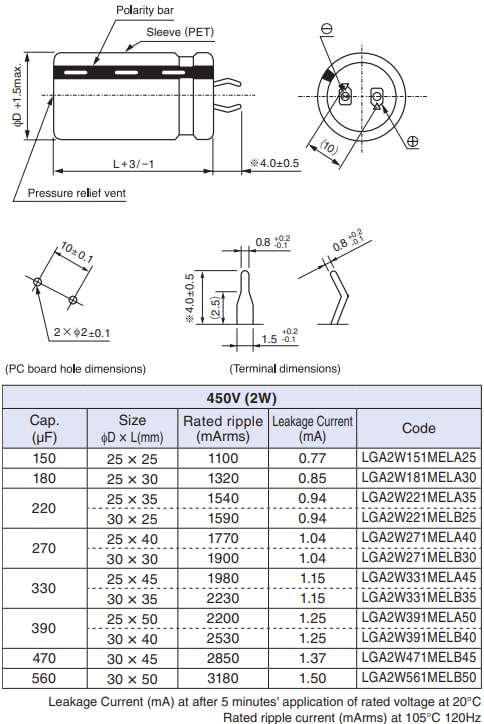 Mechanical Drawing - Nichicon LGA Aluminum Electrolytic Capacitors
