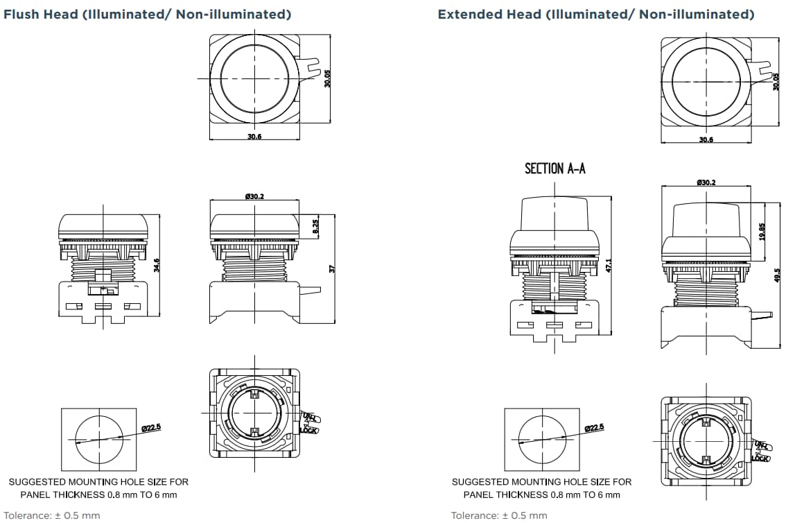 Mechanical Drawing - TE Connectivity / Alcoswitch IPE Push Button Switches