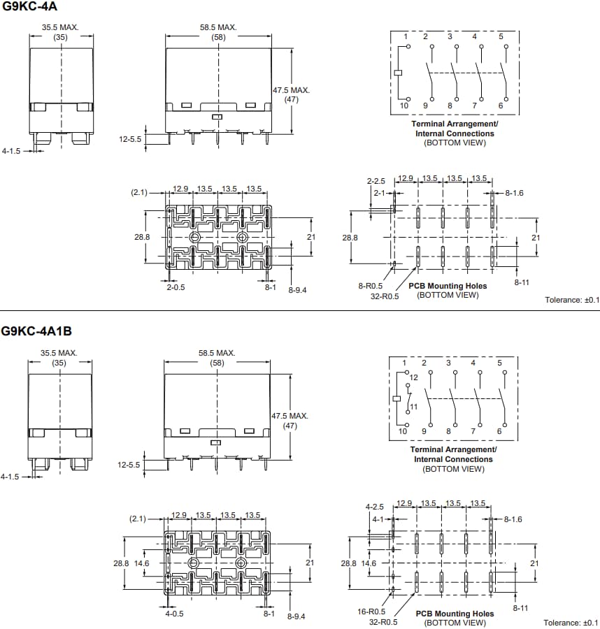Mechanical Drawing - Omron Electronics G9KC AC Multi-Pole PCB Power Relays