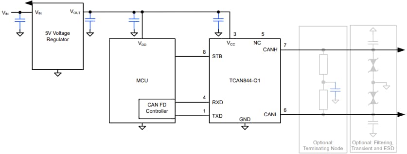 Application Circuit Diagram - Texas Instruments TCAN844-Q1 Automotive CAN FD Transceiver