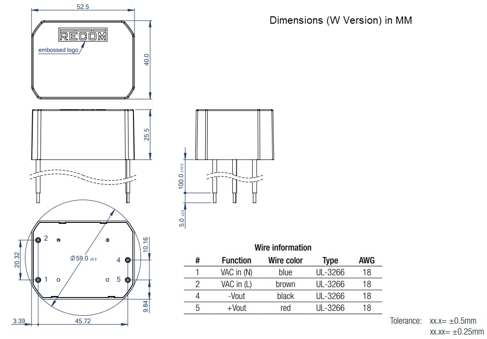 Mechanical Drawing - RECOM Power RAC15-K/WI AC-DC Power Supplies