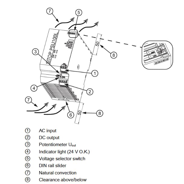 Mechanical Drawing - Siemens SITOP PSU100L Single-Phase DIN-Rail Power Supplies