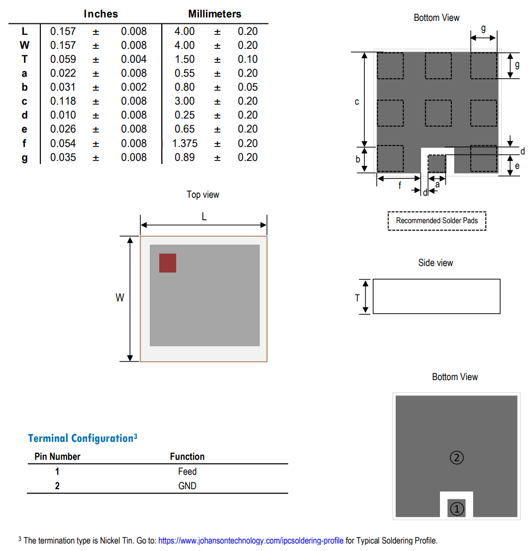 Mechanical Drawing - Johanson Technology 7987AT45A0200001E 7987MHz RF Ceramic Patch Antenna