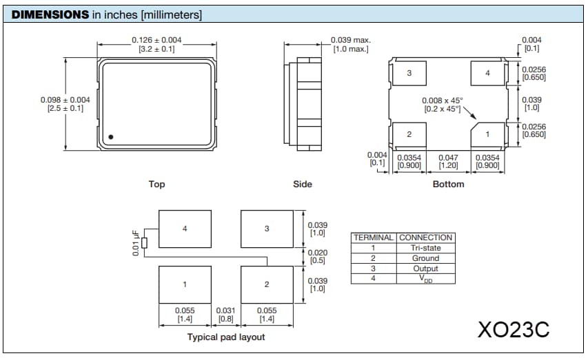 Mechanical Drawing - Vishay / Dale XOxC Surface-Mount Oscillators