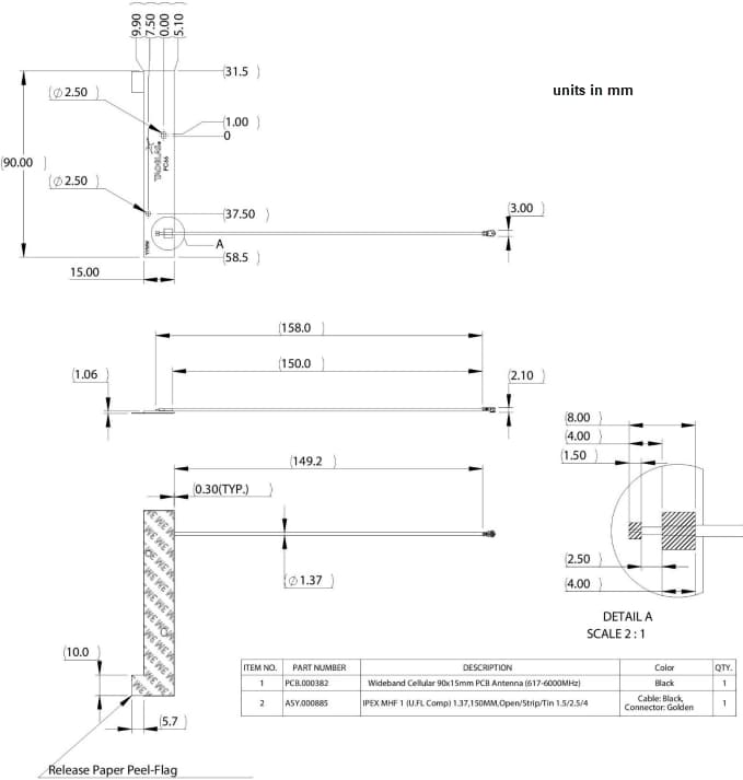 Mechanical Drawing - Taoglas PC60 & PC66 Cellular 90mm x 15mm PCB Antennas