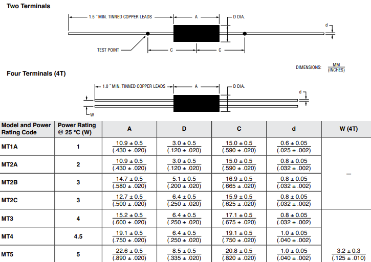 Mechanical Drawing - Bourns MT Riedon™ Low Ohm Power Resistors