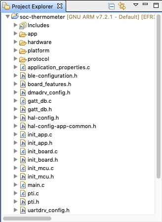 After creating soc-thermometer Project the IDE should switch to the Simplicity IDE view and the Project Explorer pane.
