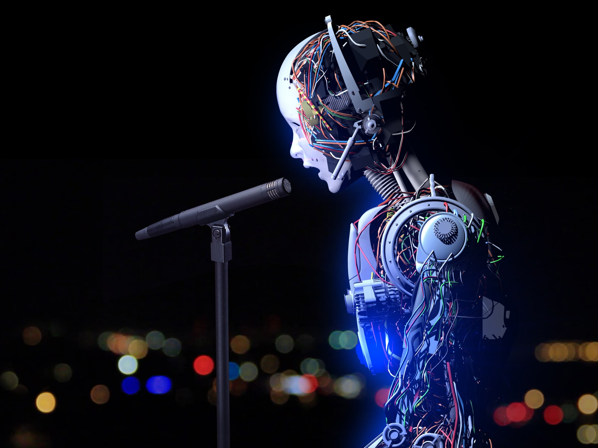 a very humanlike robot speaking into a microphone