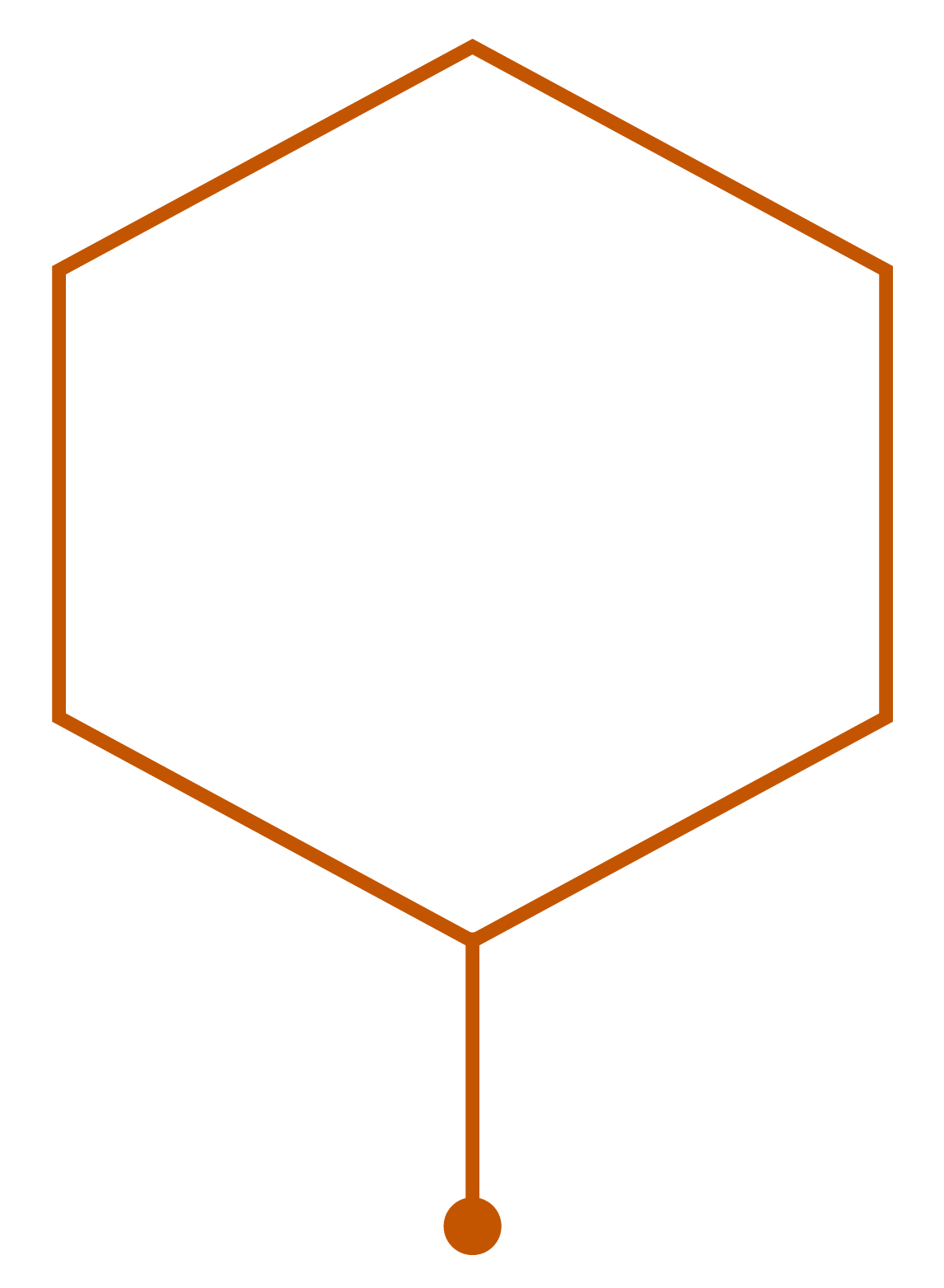 A orange hexagon outline with six sides with a line and circle extending from bottom point of hexagon with a white icon of a computer in the middle of the hexagon