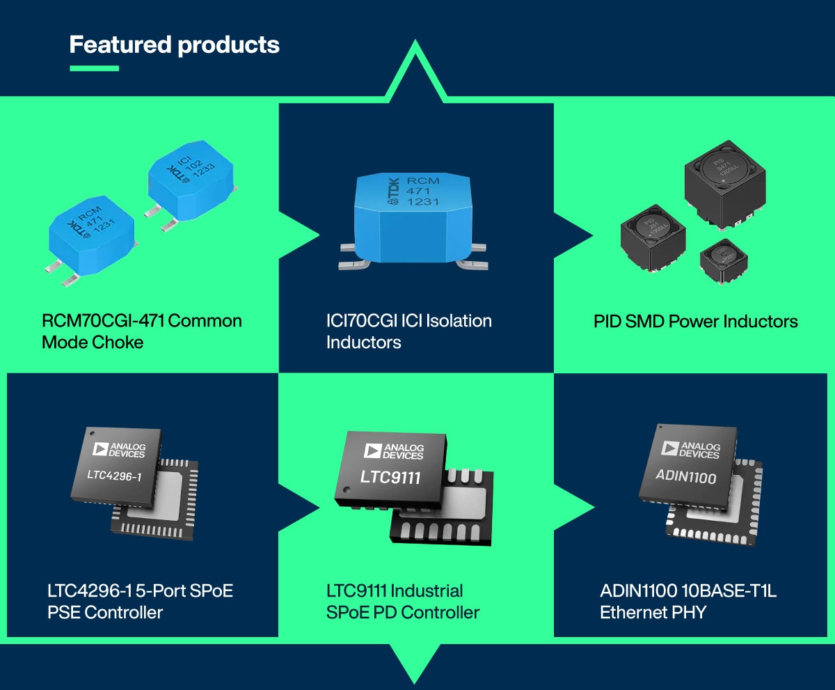 Featured products: RCM70CGI-471 Common Mode Choke, ICI70CGI ICI Isolation Inductors, PID SMD Power Inductors, LTC4296-15-PortSPoE PSE Controller, LTC9111 Industrial SPoE PD Controller, ADIN1100 10BASE-T1L Ethernet PHY